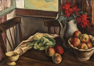Composition aux pommes et au bouquet de dahlias