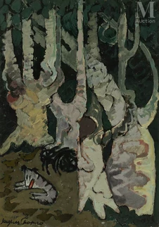 Composition aux arbres et au chien